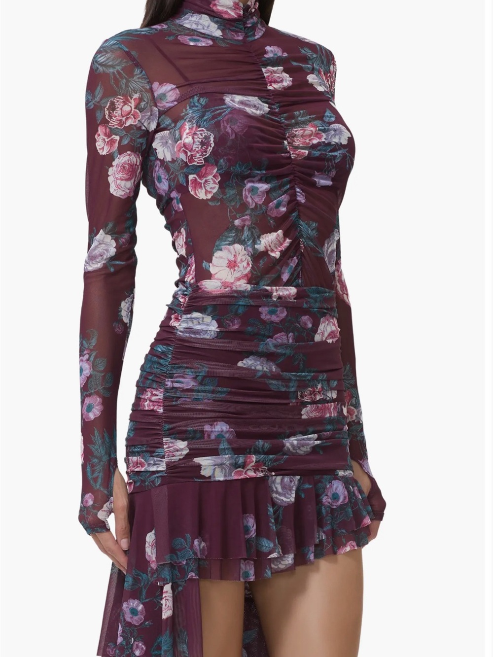 AFRM Burgundy Floral Ruched Maxi Skirt with Sheer Overlay